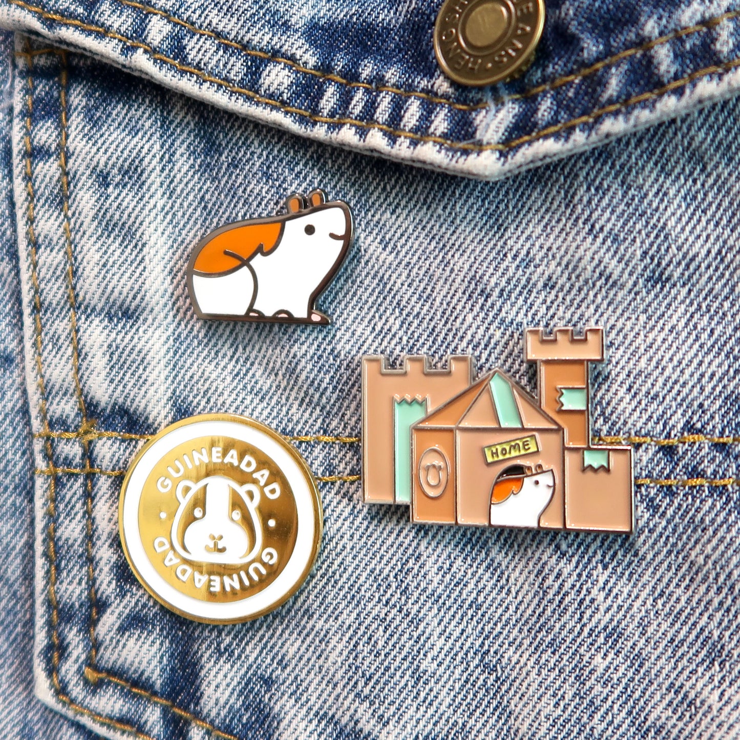 All Three Guinea Pig custom Enamel Pins Front Shot Pinned On Denim Jacket